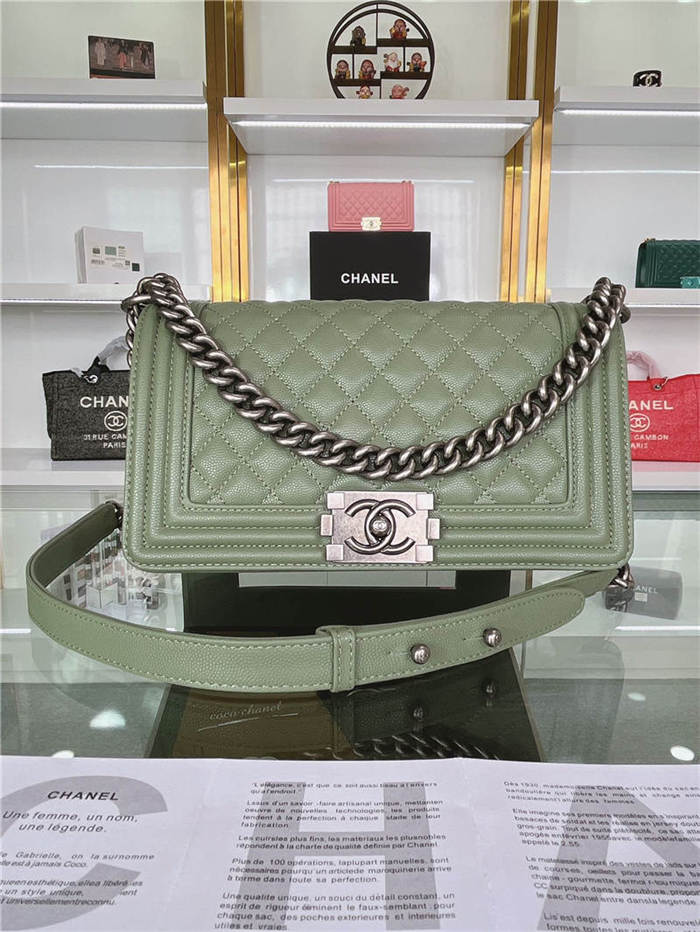 BOY Chanel HANDBAG Grained Calfskin Olive Anti-Silver Metal High