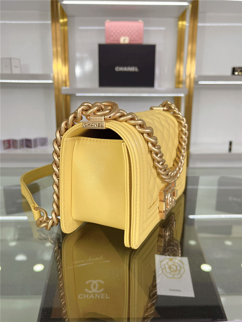 SMALL BOY Chanel HANDBAG Grained Calfskin Yellow Matt-Gold Metal High