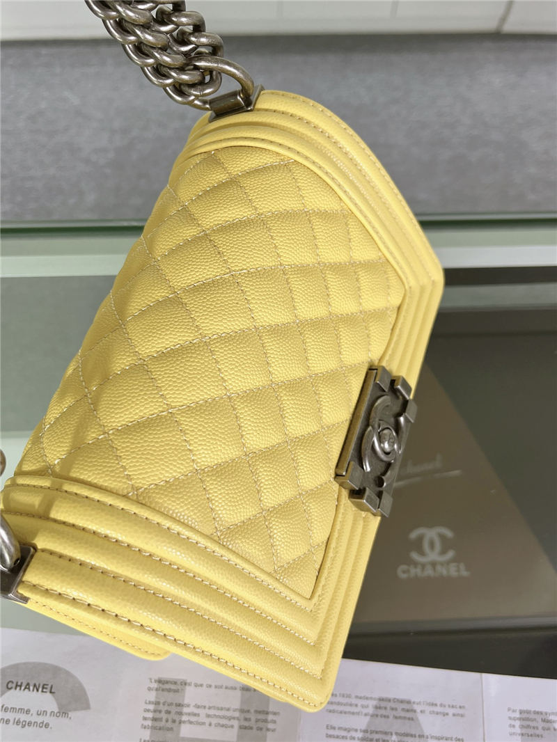 SMALL BOY Chanel HANDBAG Grained Calfskin Yellow Anti-Silver Metal High