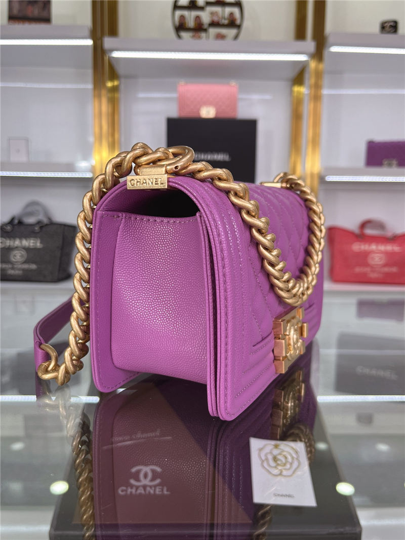 SMALL BOY Chanel HANDBAG Grained Calfskin Purple Matt-Gold Metal High