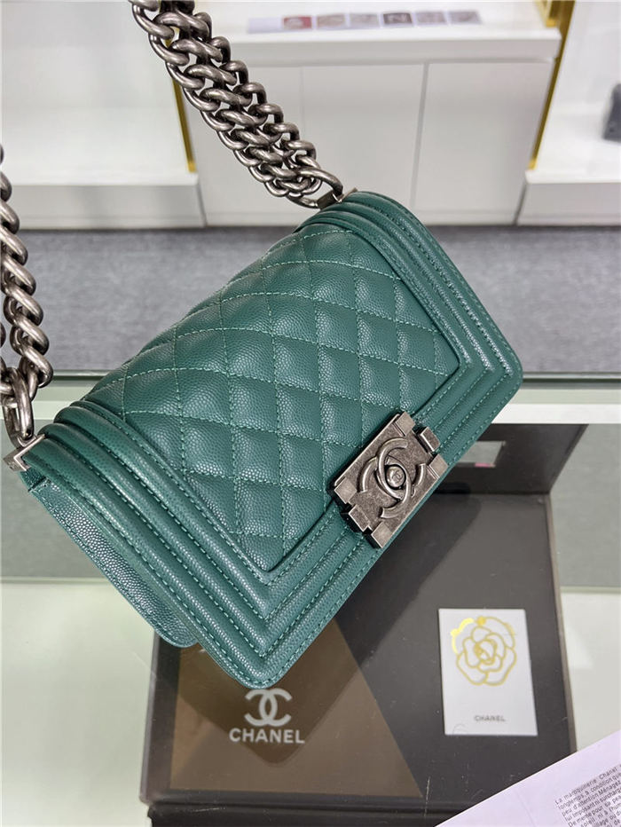 SMALL BOY Chanel HANDBAG Grained Calfskin Green Anti-Silver Metal High