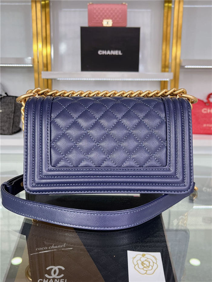 SMALL BOY Chanel HANDBAG Grained Calfskin Navy Blue Matt-Gold Metal High