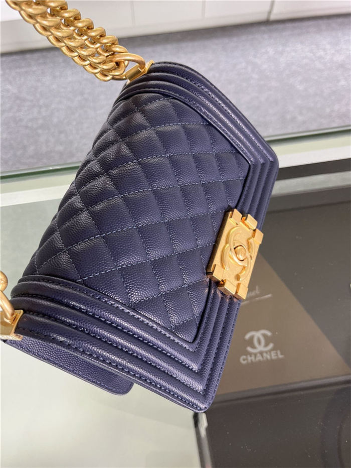 SMALL BOY Chanel HANDBAG Grained Calfskin Navy Blue Matt-Gold Metal High