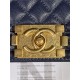 SMALL BOY Chanel HANDBAG Grained Calfskin Navy Blue Matt-Gold Metal High