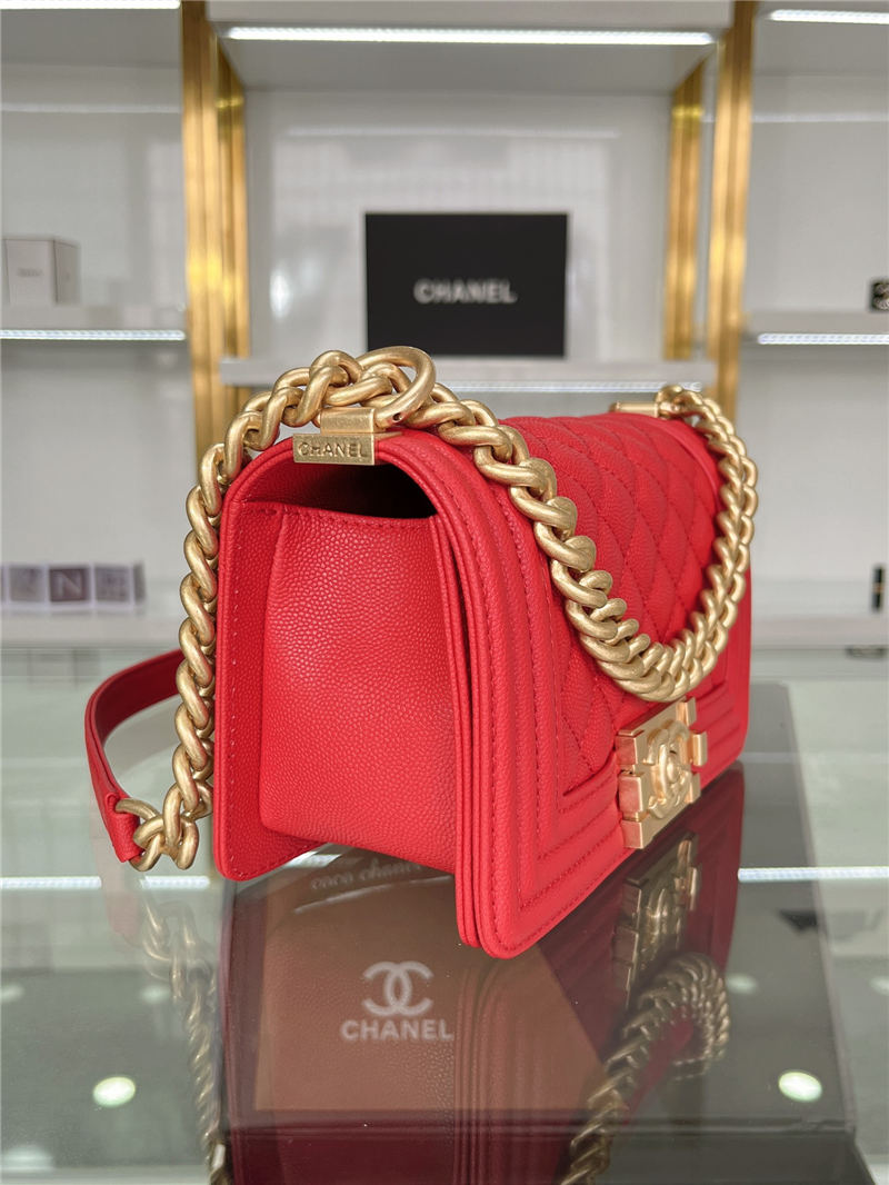 SMALL BOY Chanel HANDBAG Grained Calfskin Red Matt-Gold Metal High