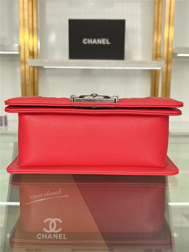 SMALL BOY Chanel HANDBAG Grained Calfskin Red Anti-Silver Metal High