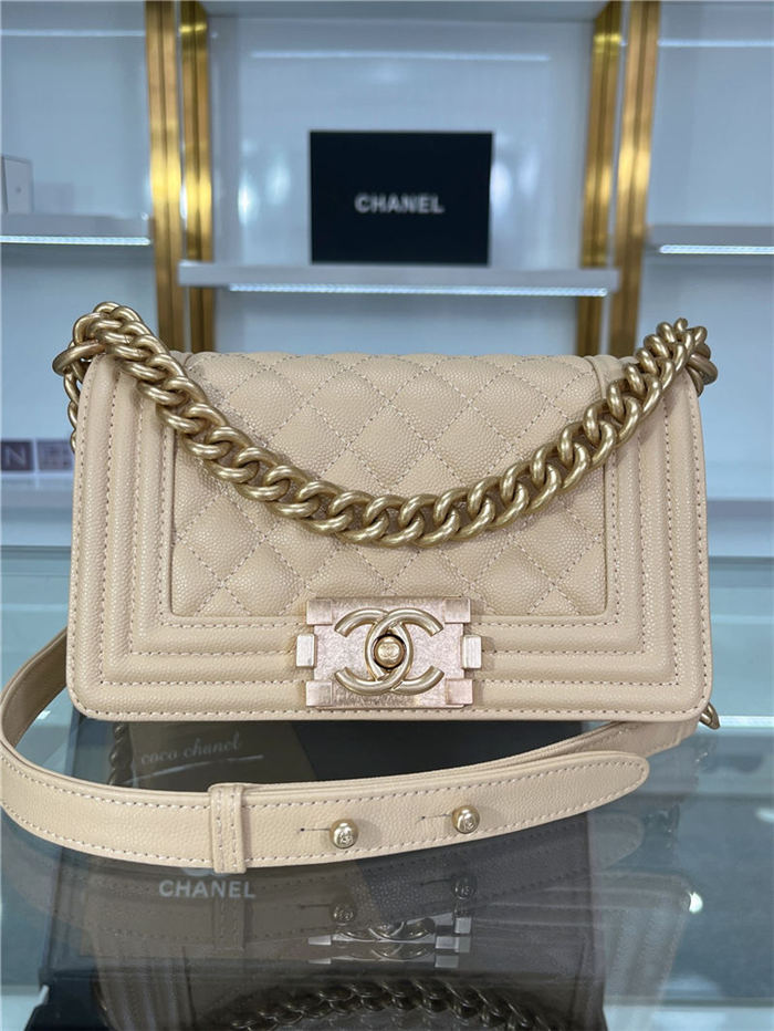 SMALL BOY Chanel HANDBAG Grained Calfskin Beige Matt-Gold Metal High