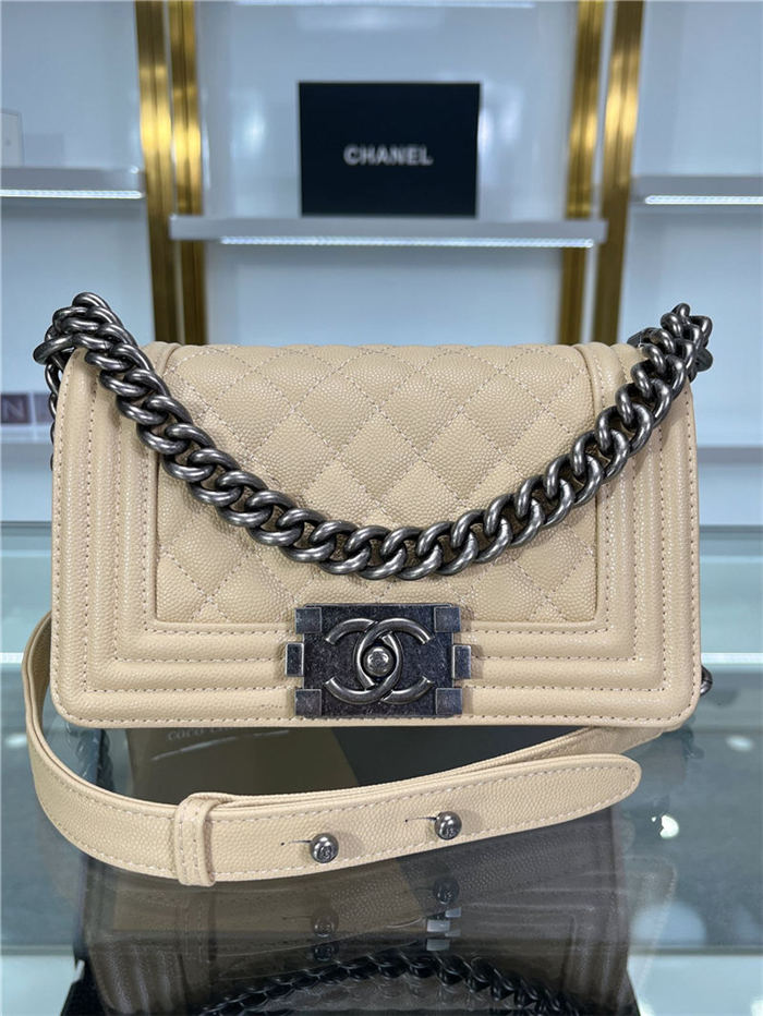 SMALL BOY Chanel HANDBAG Grained Calfskin Beige Anti-Silver Metal High