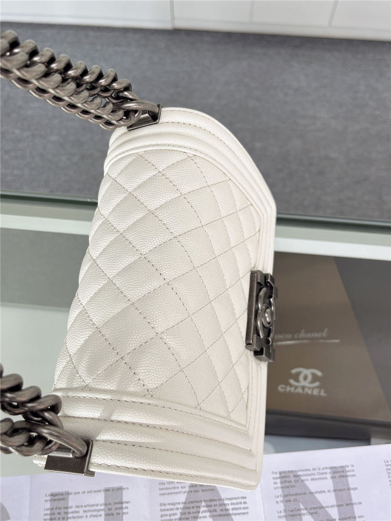 SMALL BOY Chanel HANDBAG Grained Calfskin White Anti-Silver Metal High