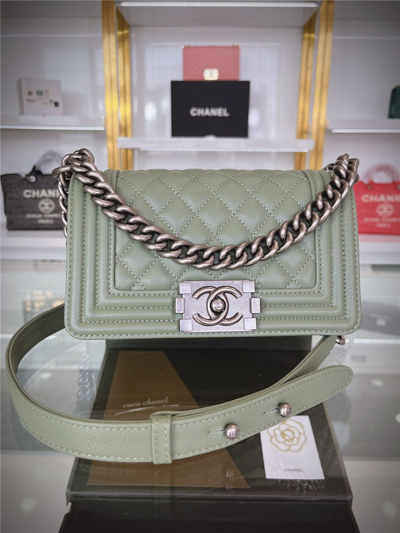 SMALL BOY Chanel HANDBAG Grained Calfskin Olive Anti-Silver Metal High