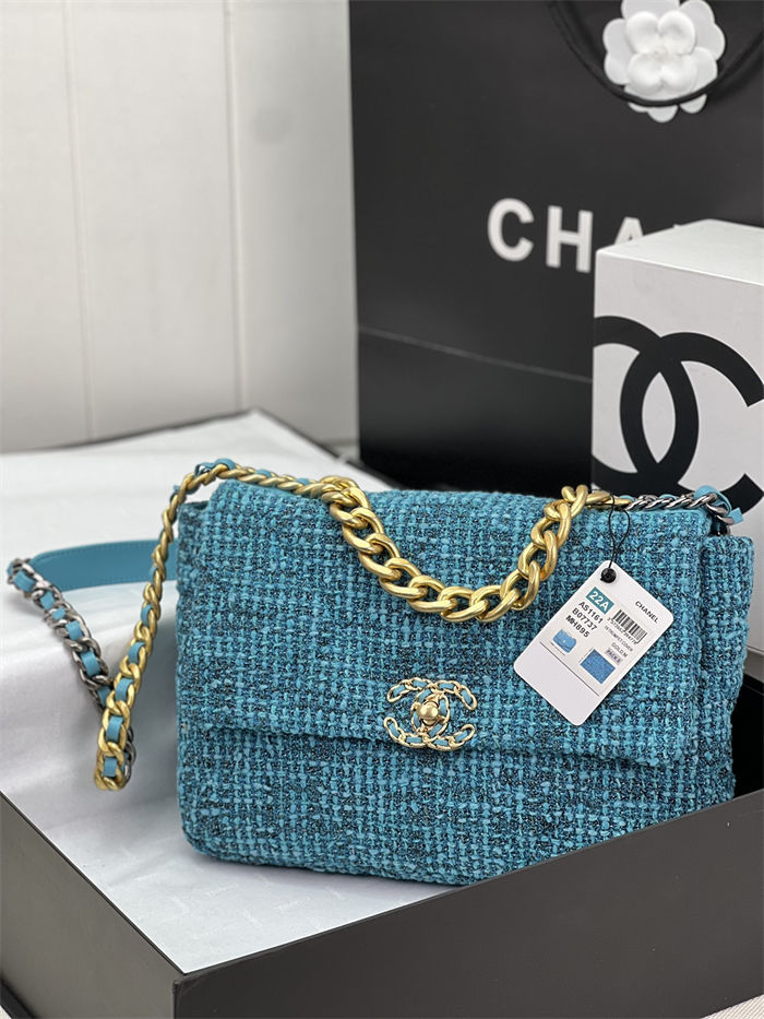 Large Chanel 19 Flap Bag Tweed Gold-Tone Blue High