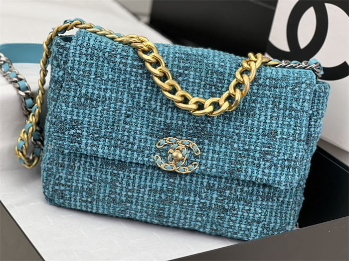 Large Chanel 19 Flap Bag Tweed Gold-Tone Blue High