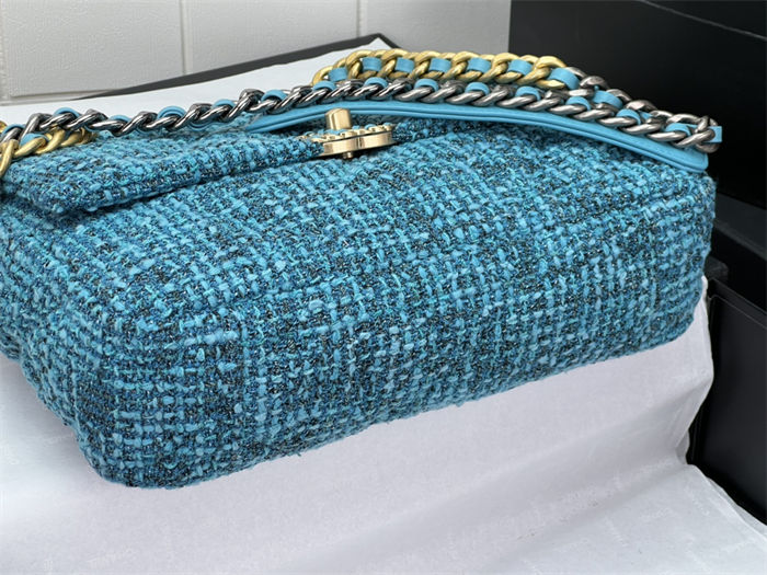 Large Chanel 19 Flap Bag Tweed Gold-Tone Blue High