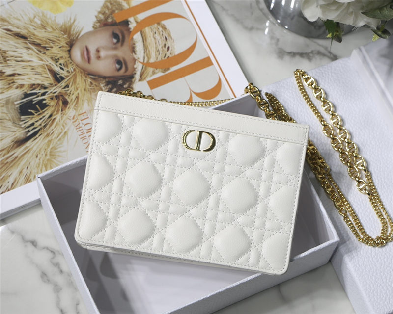 Dior CARO ZIPPED POUCH WITH CHAIN Supple Cannage Calfskin White High