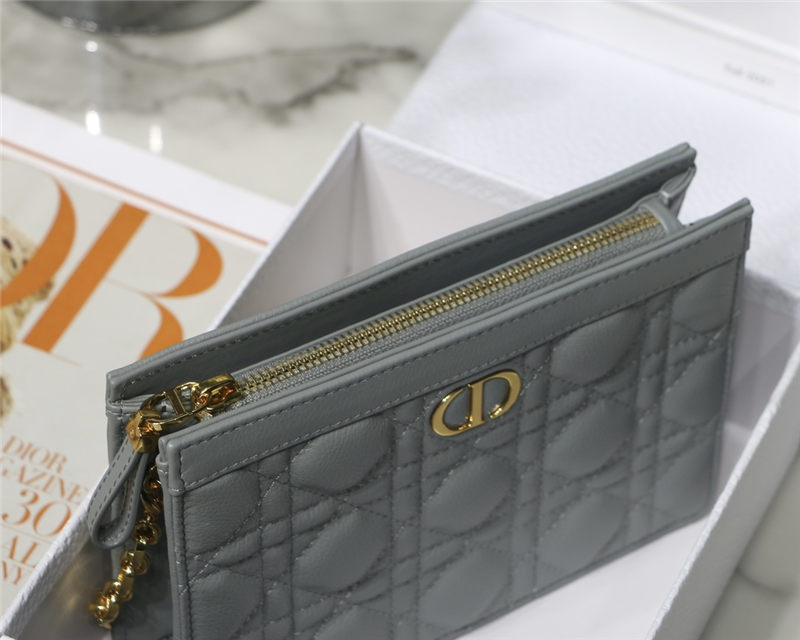 Dior CARO ZIPPED POUCH WITH CHAIN Supple Cannage Calfskin Grey High