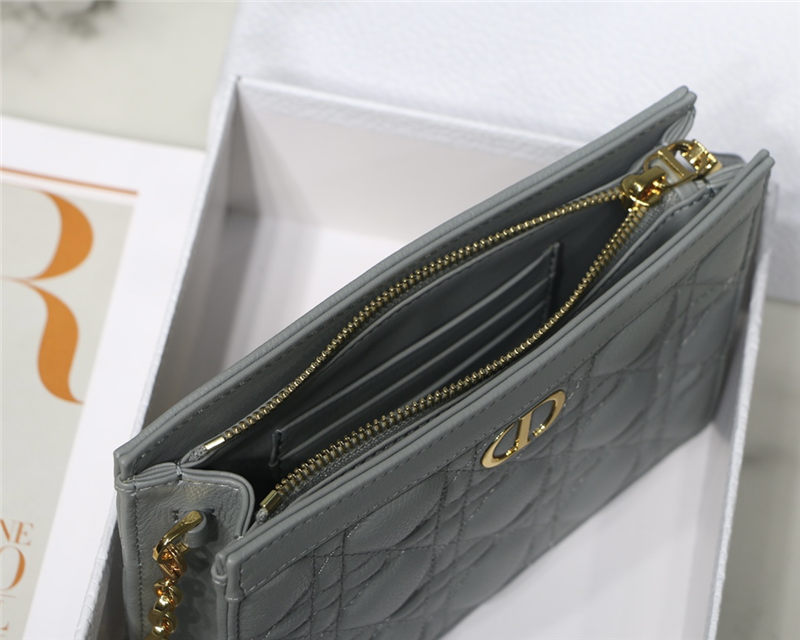 Dior CARO ZIPPED POUCH WITH CHAIN Supple Cannage Calfskin Grey High