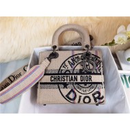 MEDIUM LADY D-LITE BAG Jute Canvas Embroidered with Dior Union Motif High