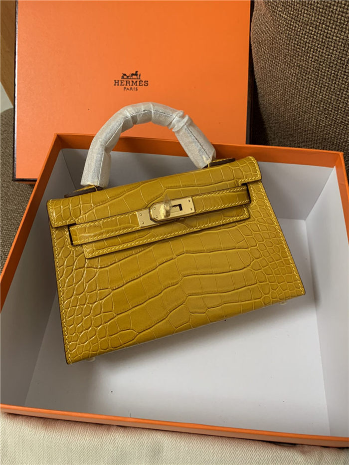 Hermes Kelly Mini II Bag Embossed Crocodile Leather WAX Silver/Gold Metal High