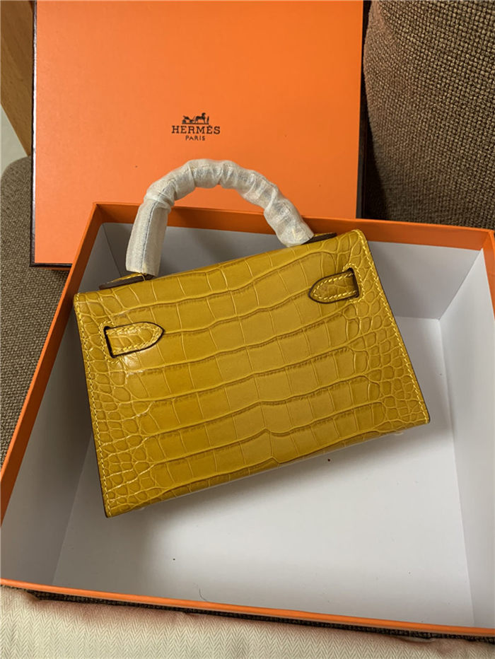 Hermes Kelly Mini II Bag Embossed Crocodile Leather WAX Silver/Gold Metal High