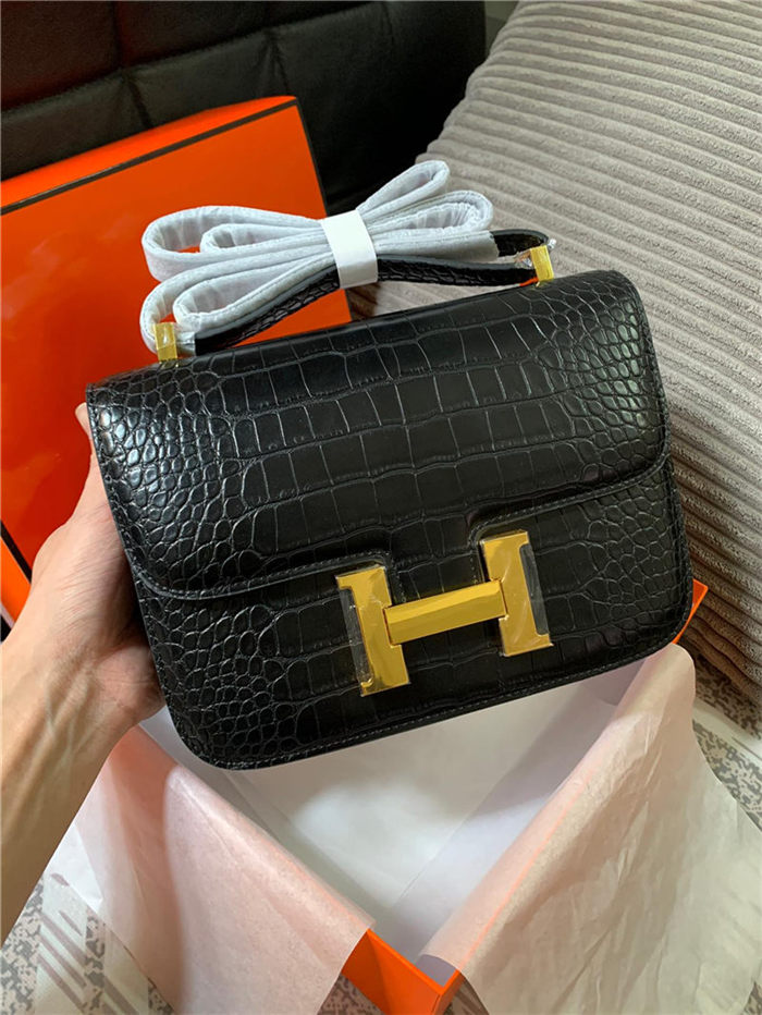 Hermes Constance 24cm Crocodile Leather Bag Silver/Gold Metal High