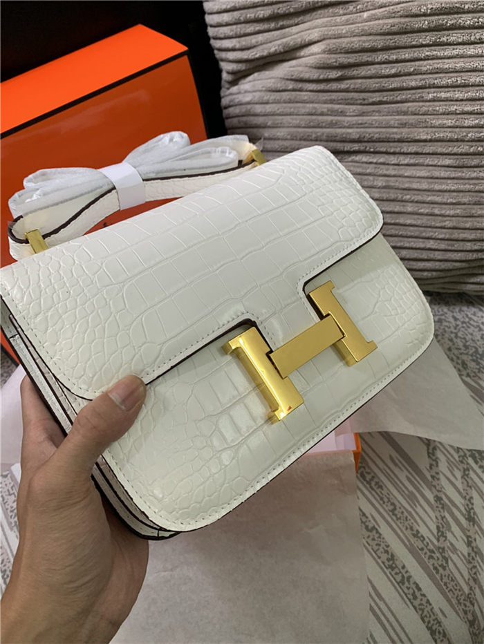 Hermes Constance 24cm Crocodile Leather Bag Silver/Gold Metal High