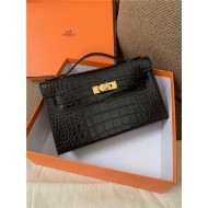 Hermes Kelly Pochette Bag Crocodile Silver/Gold Metal WAX Black High