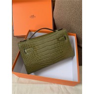 Hermes Kelly Pochette Bag Crocodile Silver/Gold Metal WAX High