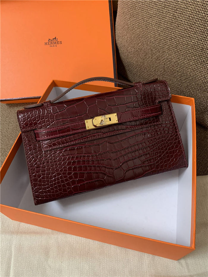 Hermes Kelly Pochette Bag Crocodile Silver/Gold Metal WAX High