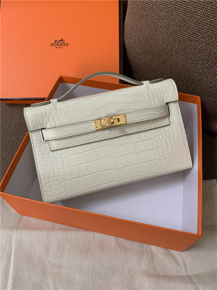 Hermes Kelly Pochette Bag Crocodile Silver/Gold Metal WAX High