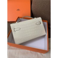 Hermes Kelly Pochette Bag Crocodile Silver/Gold Metal WAX High