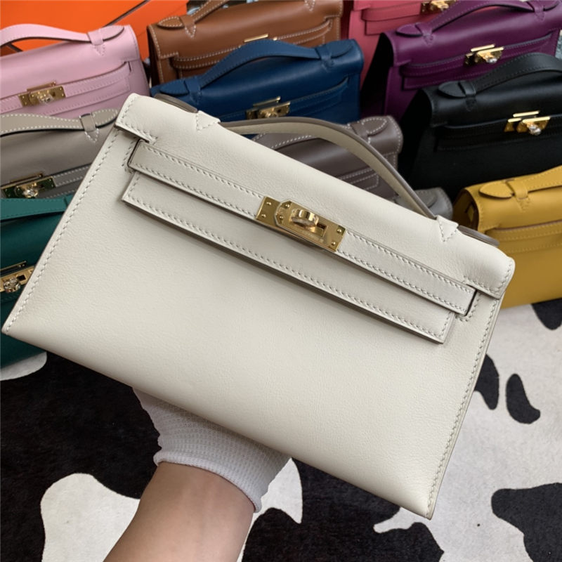 Hermes Kelly Pochette Bag Swift Leather Silver/Gold Metal WAX High