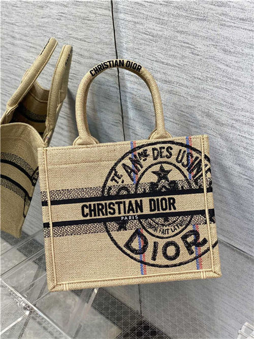 SMALL Dior BOOK TOTE Jute Canvas Embroidered with Dior Union Motif High