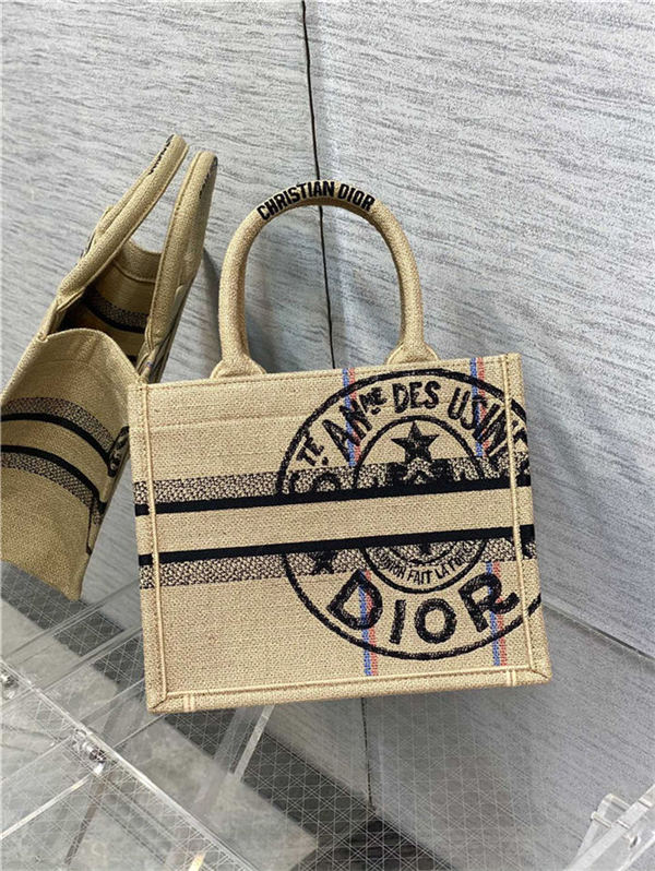 SMALL Dior BOOK TOTE Jute Canvas Embroidered with Dior Union Motif High