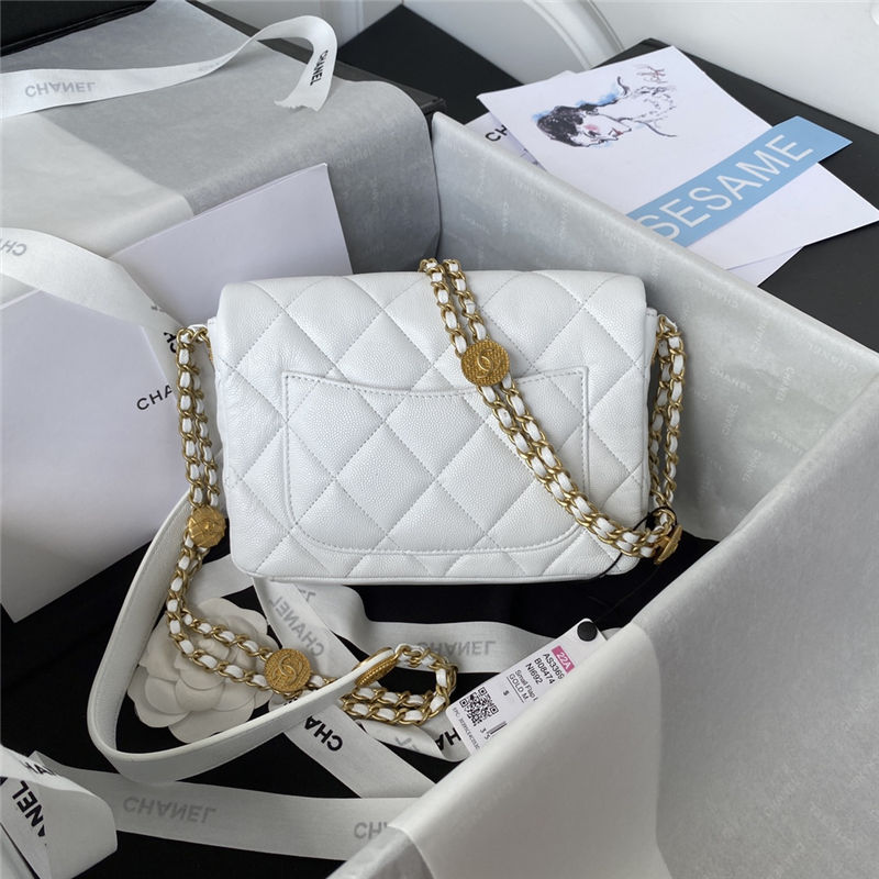 Chanel SMALL FLAP BAG Grained Shiny Calfskin & Gold-Tone Metal AS3369 White A