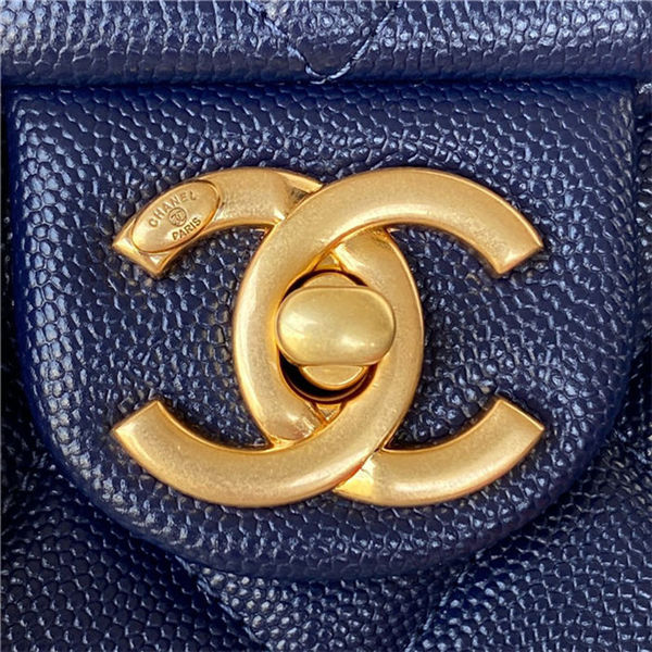 Chanel SMALL FLAP BAG Grained Shiny Calfskin & Gold-Tone Metal AS3369 Navy A