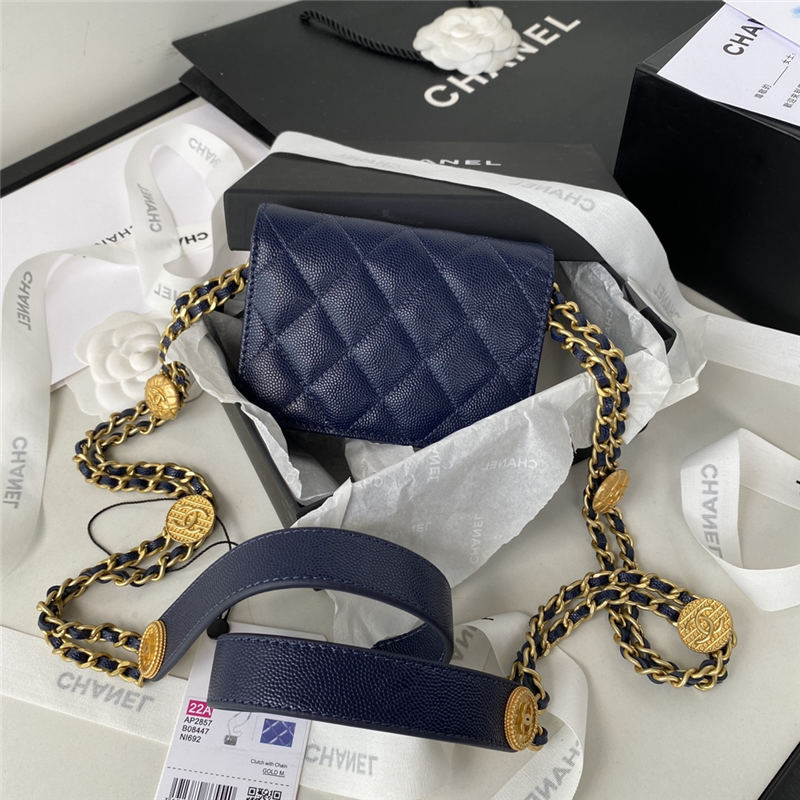 Chanel CLUTCH WITH CHAIN AP2857 Grained Shiny Calfskin & Gold-Tone Metal Navy A