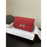 Hermes Constance To Go Long Wallet Epsom Leather Red Silver-Metal WAX High