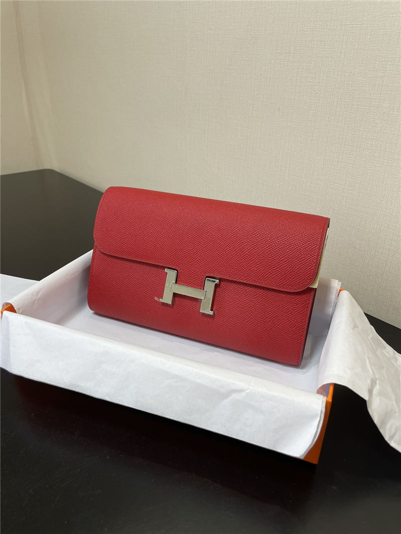 Hermes Constance To Go Long Wallet Epsom Leather Red Silver-Metal WAX High