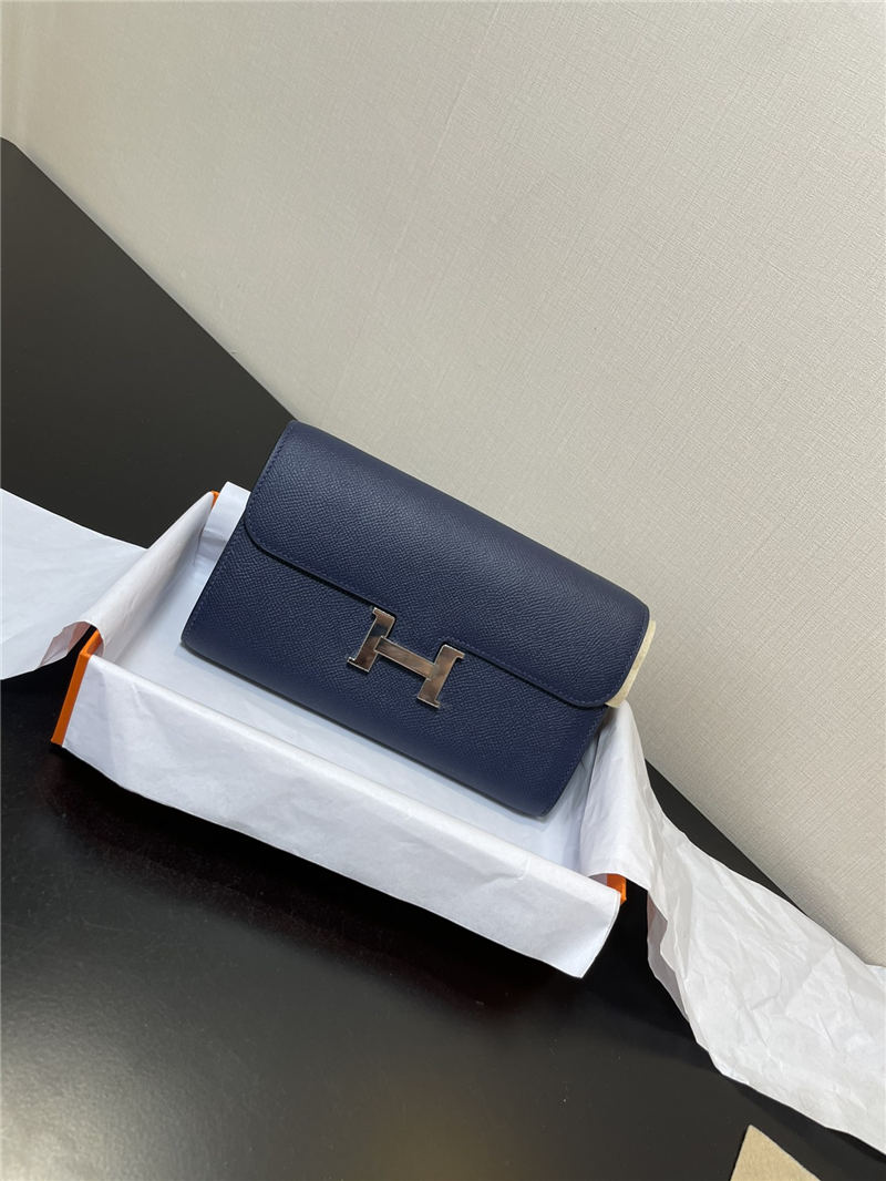 Hermes Constance To Go Long Wallet Epsom Leather Navy Silver-Metal WAX High