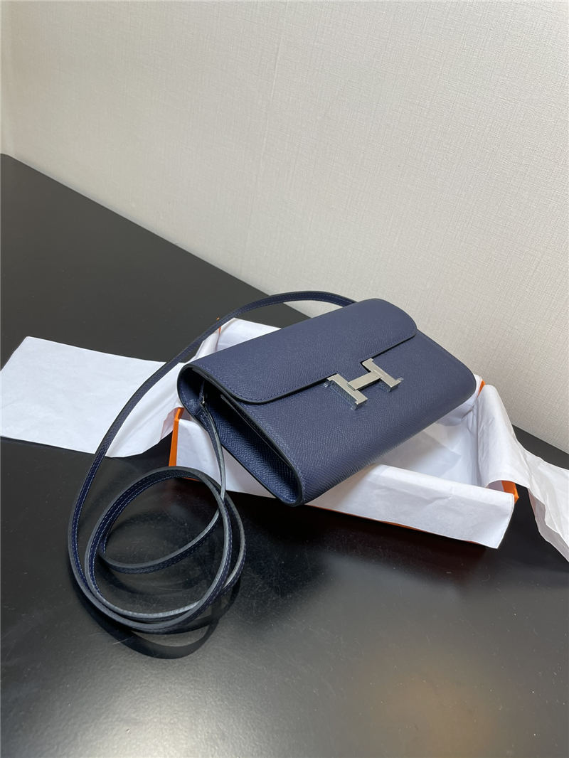 Hermes Constance To Go Long Wallet Epsom Leather Navy Silver-Metal WAX High