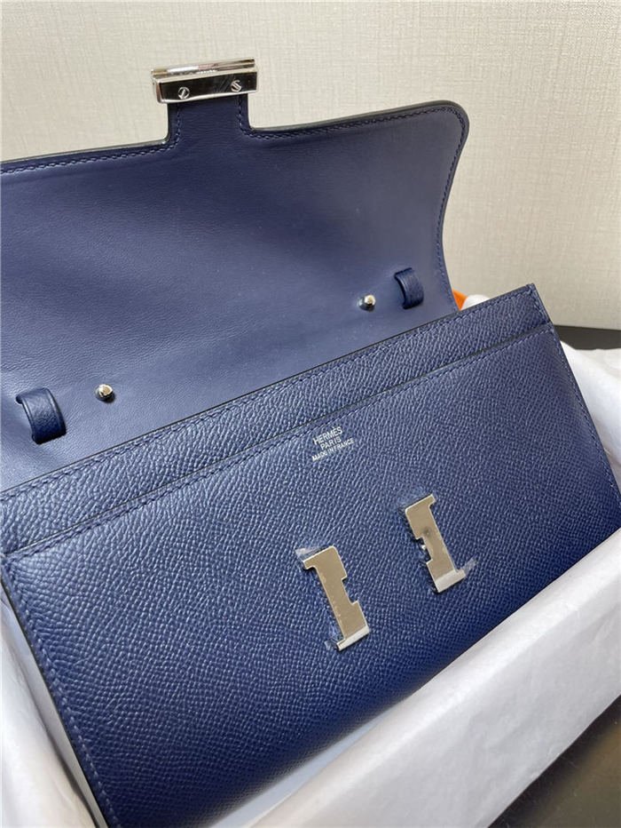 Hermes Constance To Go Long Wallet Epsom Leather Navy Silver-Metal WAX High