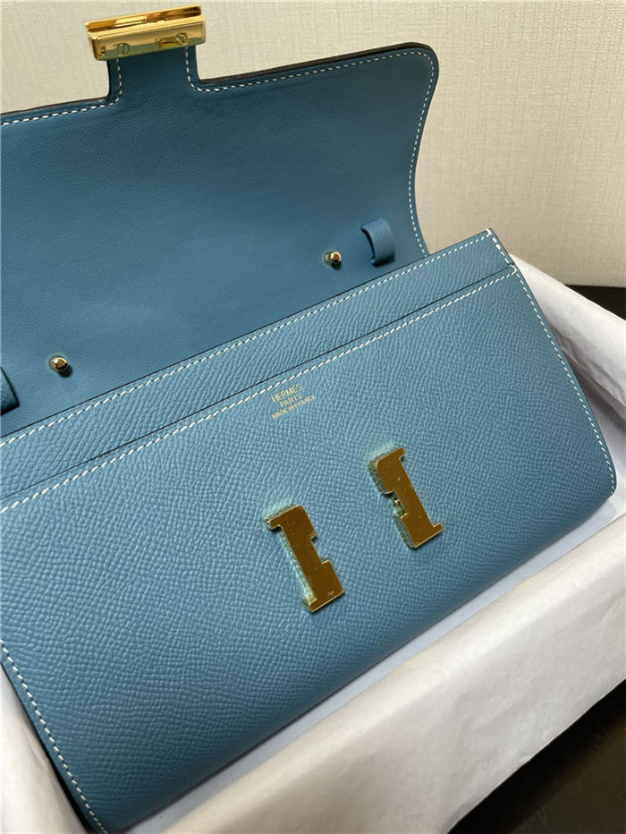 Hermes Constance To Go Long Wallet Epsom Leather Denim Blue Gold-Metal WAX High