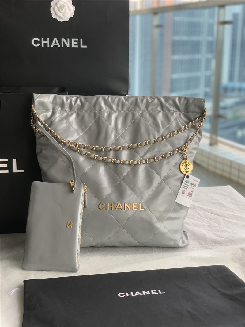 Chanel 22 LARGE HANDBAG Shiny Calfskin & Gold-Tone Metal AS3262 Grey High