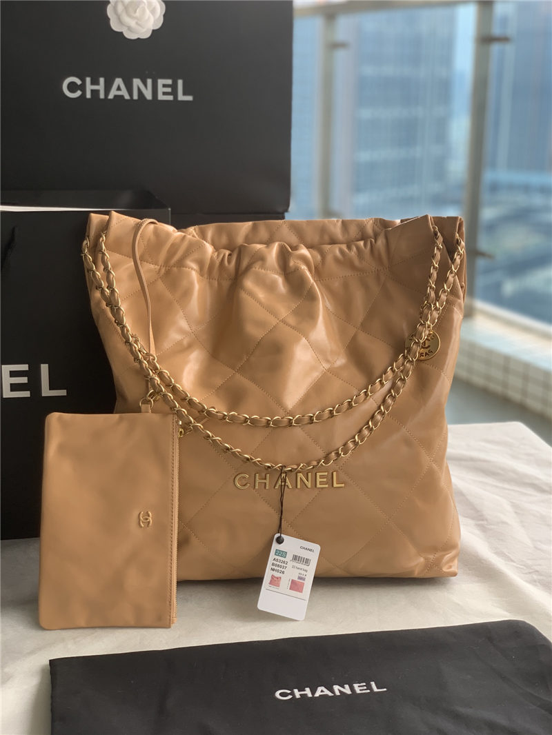 Chanel 22 LARGE HANDBAG Shiny Calfskin & Gold-Tone Metal AS3262 Camel High