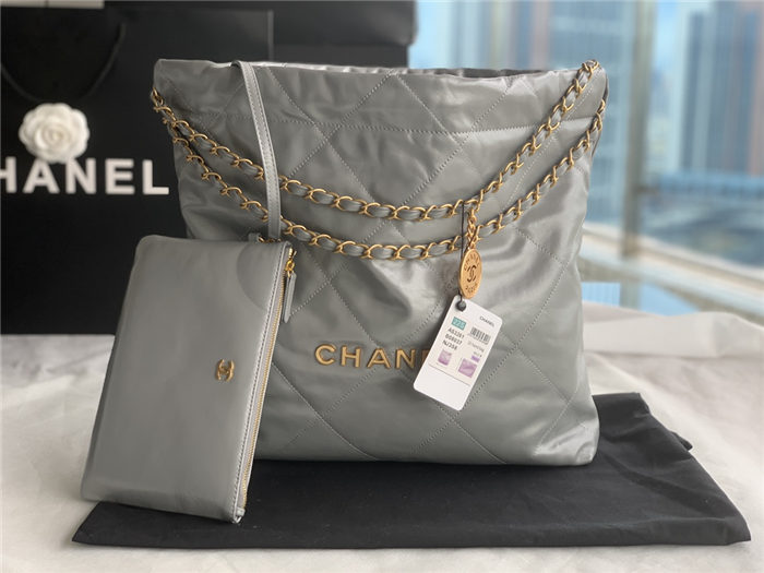 Chanel 22 MEDIUM HANDBAG Shiny Calfskin & Gold-Tone Metal AS3261 Grey High