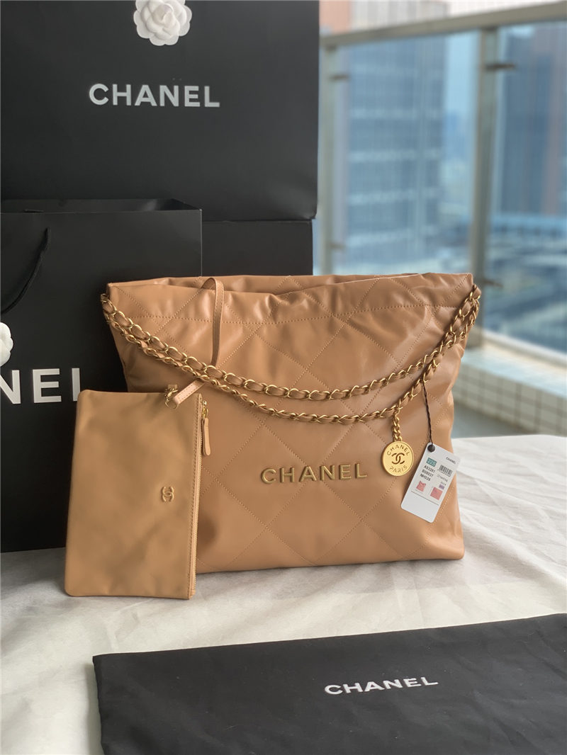 Chanel 22 MEDIUM HANDBAG Shiny Calfskin & Gold-Tone Metal AS3261 Camel High