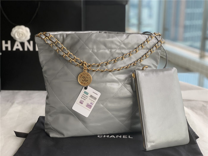 Chanel 22 SMALL HANDBAG Shiny Calfskin & Gold-Tone Metal AS3260 Grey High