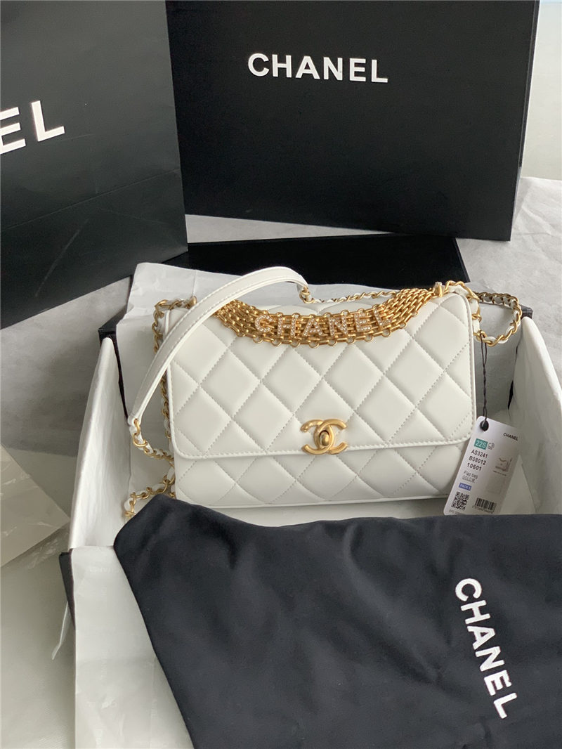 SMALL FLAP BAG Lambskin, Strass & Gold-Tone Metal AS3241 White High