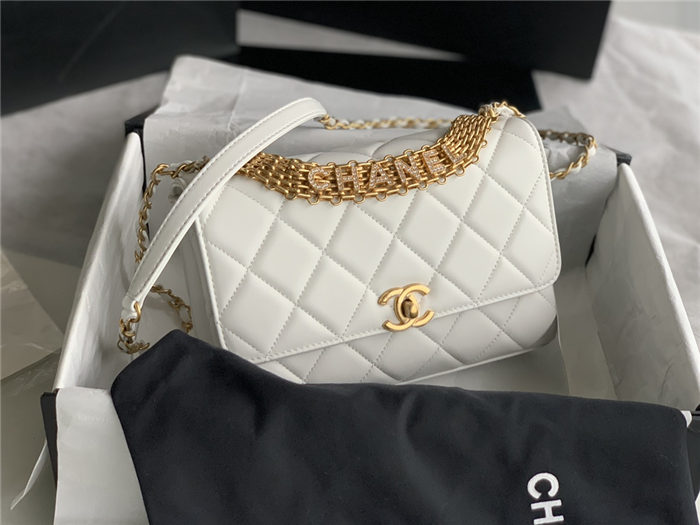 SMALL FLAP BAG Lambskin, Strass & Gold-Tone Metal AS3241 White High