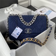 Large Chanel 19 Flap Bag Denim Silver Metal High